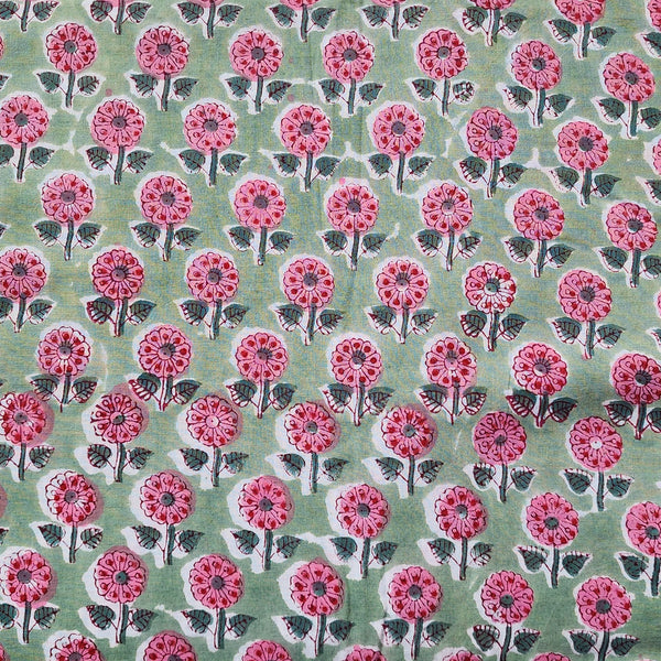 Pure Cotton Jaipuri Light Green With Light  Pink Sunflower Hand Block Print Fabric