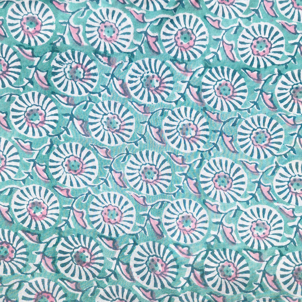 Pure Cotton Jaipuri Light Green With Pink And White Primrose Flower Hand Block Print Fabric