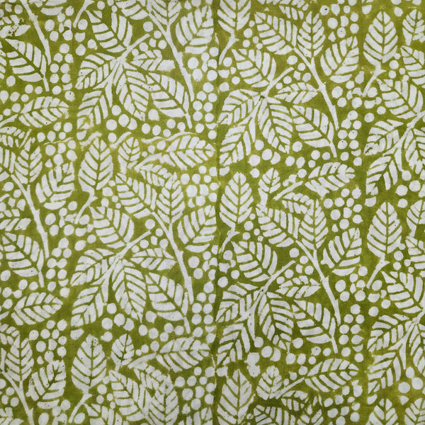 Pre-cut 1.25 meter Pure Cotton Jaipuri  Light Green With White Wild Leaves Hand Block Print Fabrics