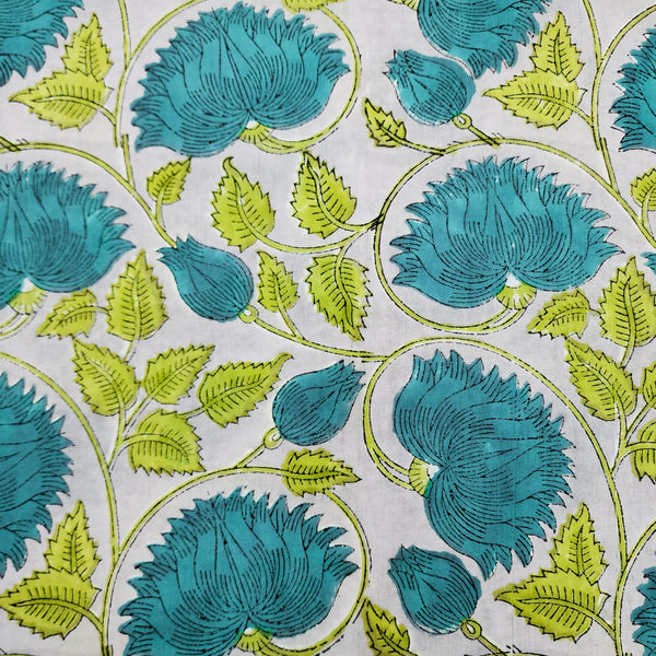 ( Pre-Cut 2.40 Meter ) Pure Cotton Jaipuri Light Grey With Blue And Green Wild Flower Jaal Hand Block Print Fabric