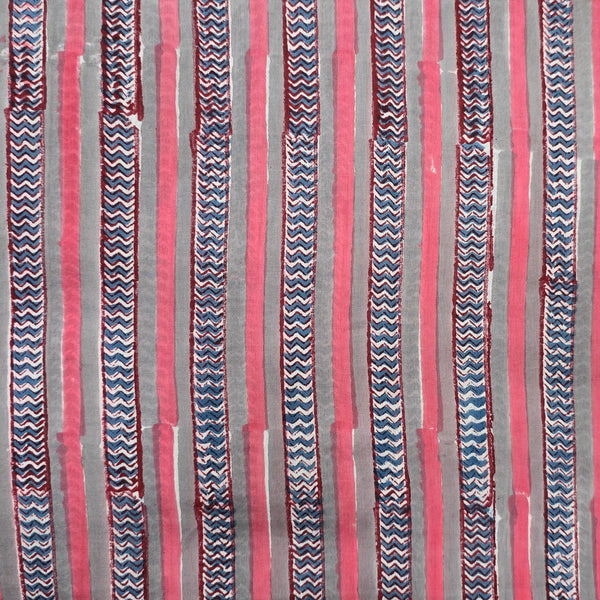 Pure Cotton Mul Jaipuri Light Grey With Pink And Blue Border Hand Block Print Fabric