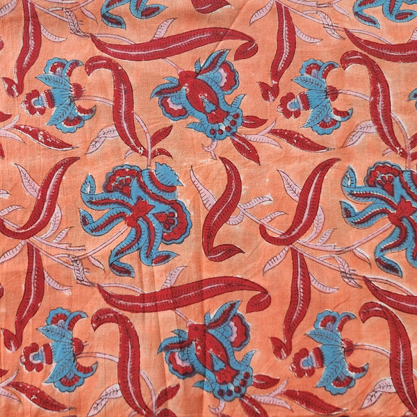 Pure Cotton Jaipuri Light Orange With Blue And Red Flower Jaal Hand Block Print Fabric