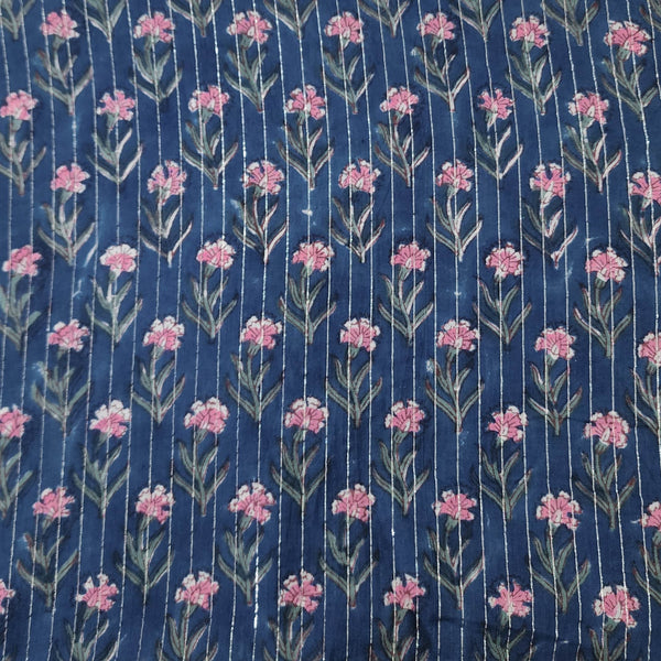 (Pre-Cut 0.80 Meter) Pure Cotton Jaipuri Lurex Blue With Pink Flower Motif Hand Block Print Fabric