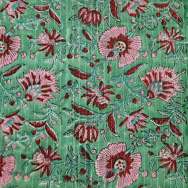 ( Pre-Cut 1.80 Meter ) Pure Cotton Jaipuri Lurex Blueish Green With Pink Flower Jaal Hand Block Print Fabric