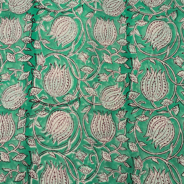 Pre Cut (0.80 Meter) Pure Cotton Jaipuri Mint Green And White Lotus Jaal Hand Block Print Fabric