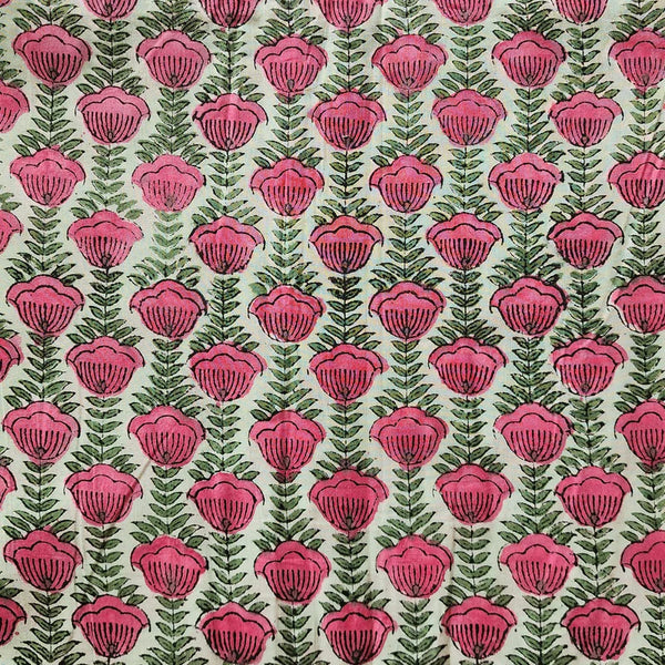 ( PRE-CUT 2.45 METER ) Pure Cotton Jaipuri Mint Green With Pink Rose Flower Creeper Hand Block Print Fabric