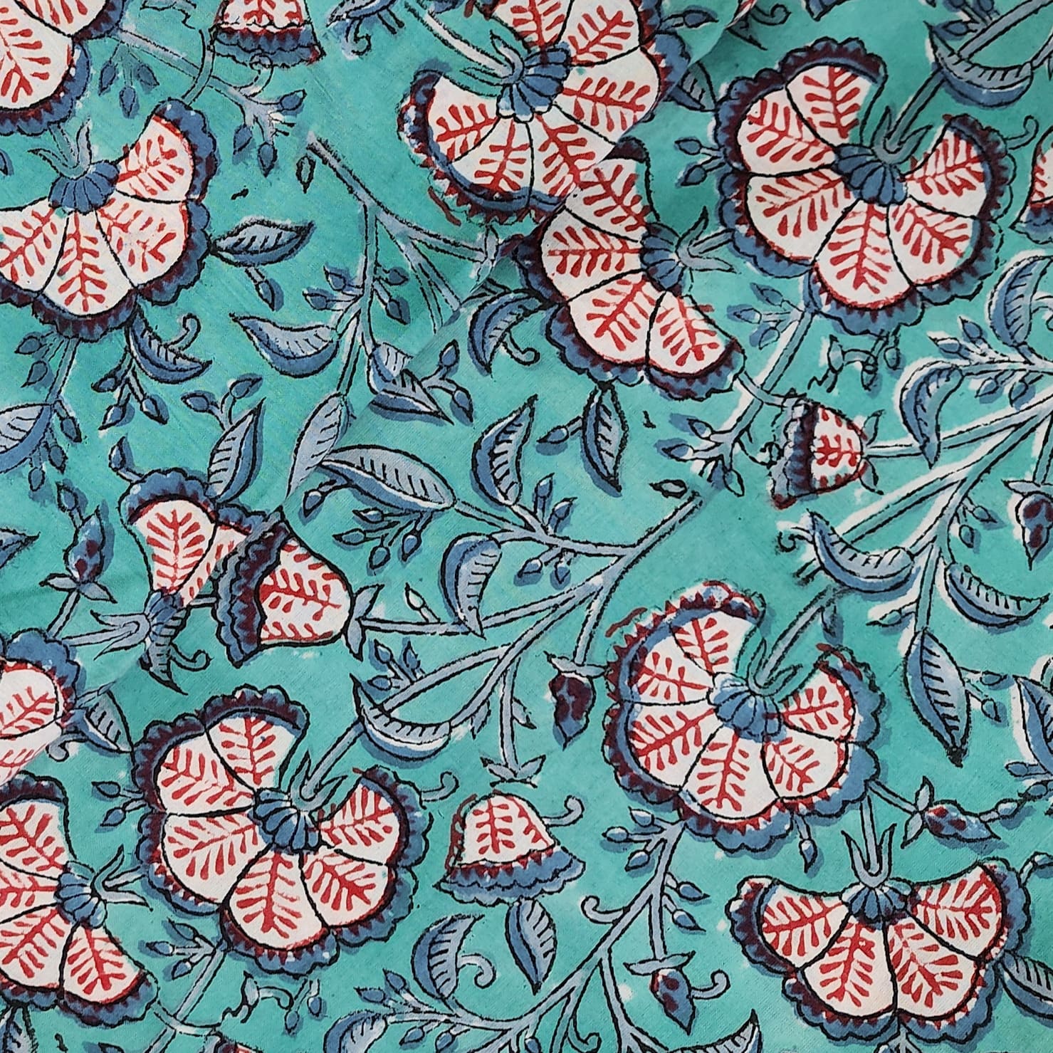 Pure Cotton Jaipuri Mint Green With Red Jungle Flower Jaal Hand Block ...