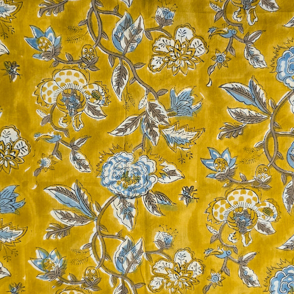 Pure Cotton Mul Jaipuri Mustard With Blue Flower Jaal Hand Block Print Fabric