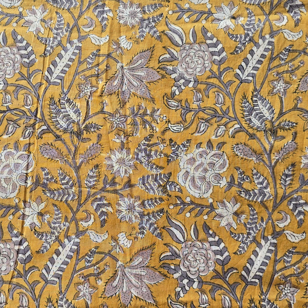 Pure Cotton Jaipuri Mustard With Grey Flower Jaal Hand Block Print Fabric