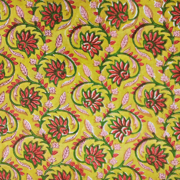 ( Pre-Cut 2.20 Meter ) Pure Cotton Jaipuri Mustard With Orange And Green Flower Creeper Hand Block Print Fabric