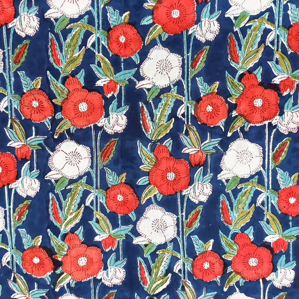 Pure Cotton Jaipuri Navy Blue With Orange And White Flower Creeper Hand Block Print Fabric