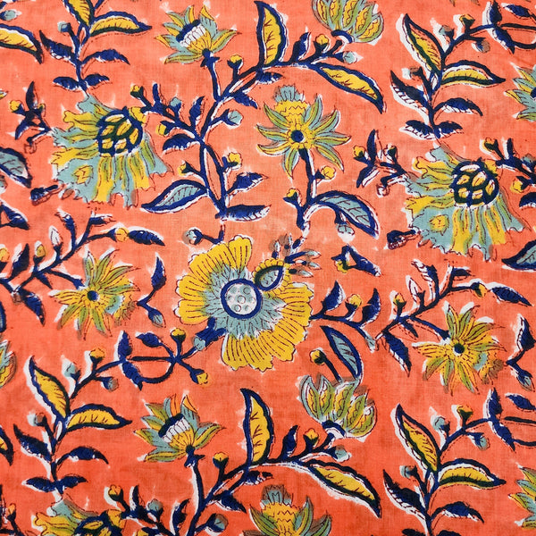 ( Pre-Cut 1.95 Meter ) Pure Cotton Jaipuri Orange With Blue With Yellow Flower Jungle Jaal Hand Block Print Fabric