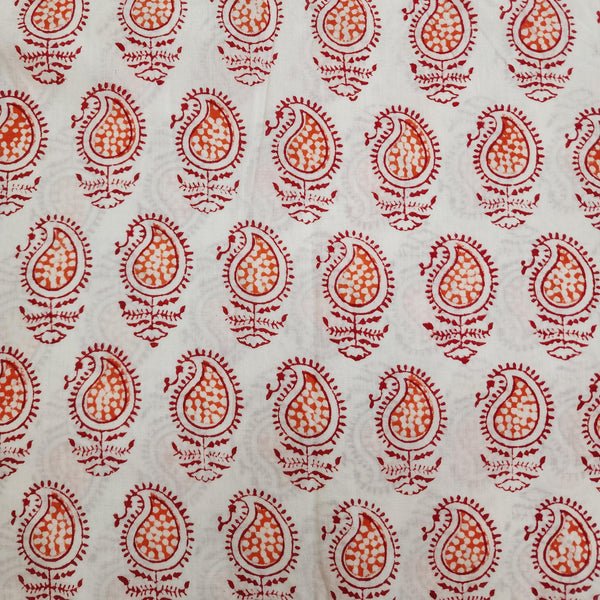 Pre-cut 0.90 cm Pure Cotton Jaipuri Orange With Red Kairi Hand Block Print Fabric