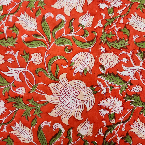 ( Pre-Cut 2.15 Meter ) Pure Cotton Jaipuri Orange With White Wild Flower Jaal Hand Block Print Fabric