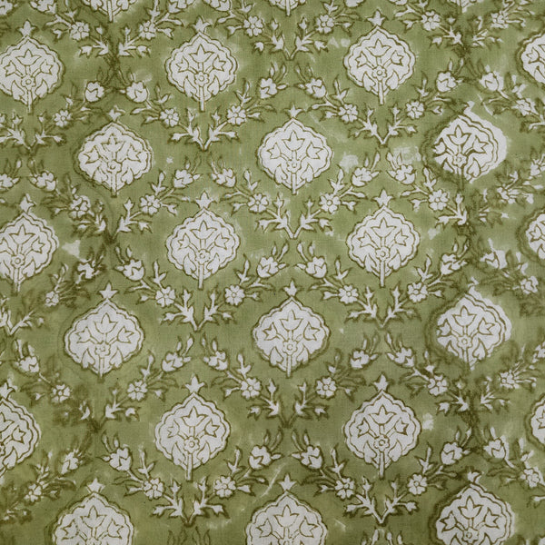 ( Pre-Cut 1.93 Meter)  Pure Cotton Jaipuri Pastel Green With All Over Pattern Hand Block Print Fabric