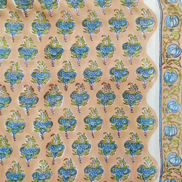 Pre Cut (1.30 Meter) Pure Cotton Jaipuri Peach With Blue And Green Motifs Hand Block Print Fabric