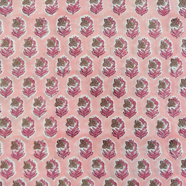 Pre Cut (0.80 Meter) Pure Cotton Jaipuri Peach With Brown Flower Bud Hand Block Print Fabric