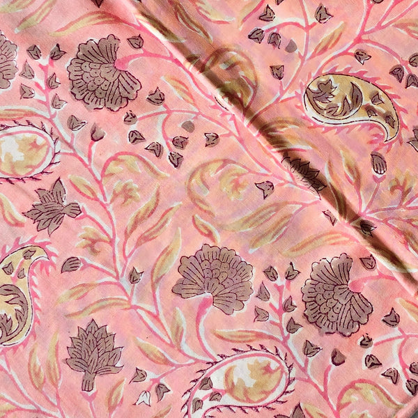 Pure Cotton Jaipuri Peach With Brown Flower Jaal Hand Block Print Fabric