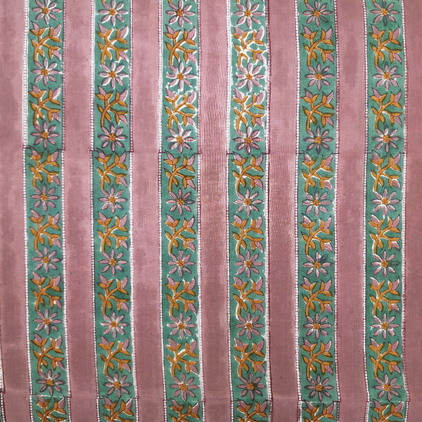 (Pre-Cut 1 Meter) Pure Cotton Jaipuri Peach With Green Border With Mustard Flower Creeper Hand Block Print Fabric