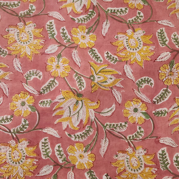 ( Pre-Cut 1 Meter )Pure Cotton Jaipuri Peach With Mustard And Green Flower Jaal Hand Block Print Fabric