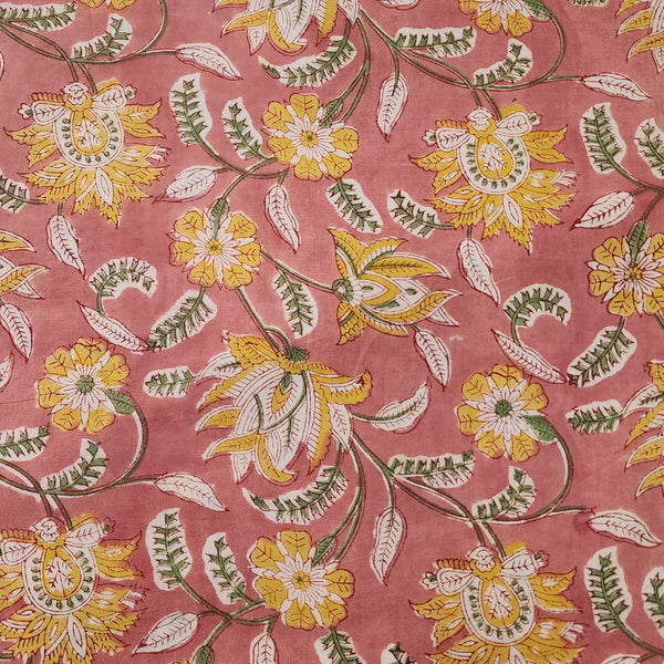 Per Cut (1.50 Meter) Pure Cotton Jaipuri Peach With Mustard And Green Flower Jaal Hand Block Print Fabric