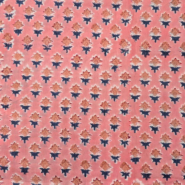 Pure Cotton Jaipuri Peach With Light Tiny Flower Buds Motif Hand Block Print Fabric