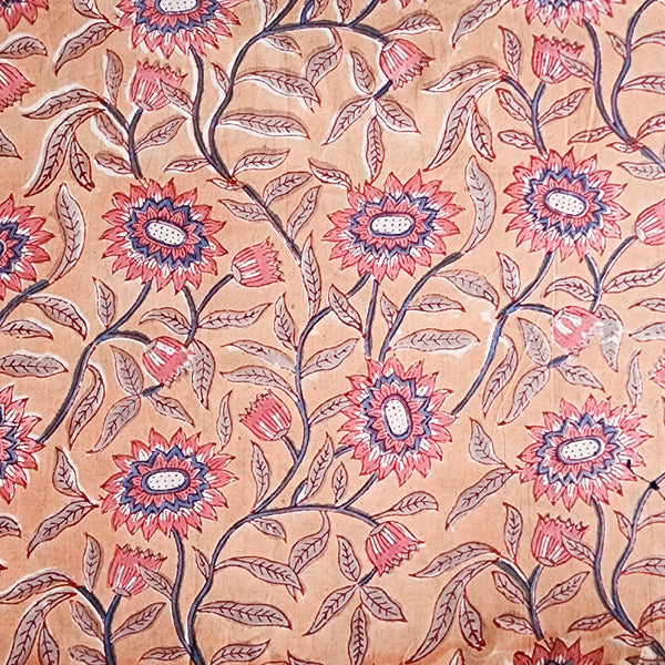 Pure Cotton Jaipuri Peach With Pink And Blue Flower Jaal Hand Block Print Fabric