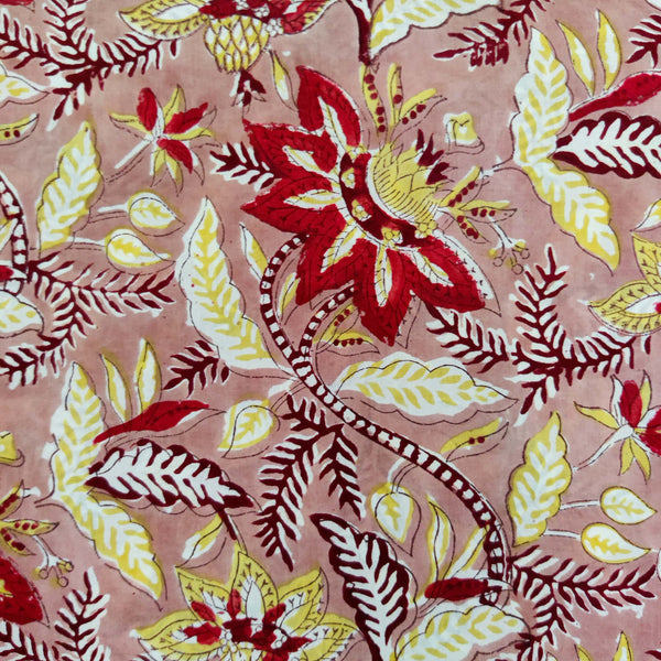 ( Pre-Cut 2 Meter ) Pure Cotton Jaipuri Peach With Red And Mustard Wild Flowers Jaal Hand Block Print Fabric