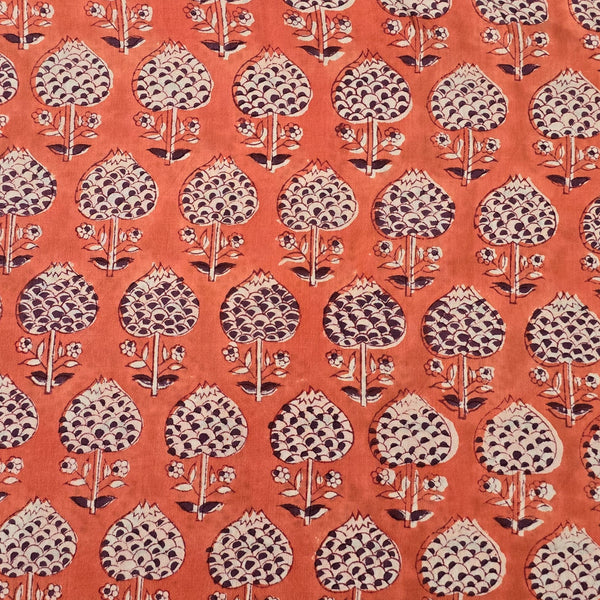 Pre Cut (0.80 Meter) Pure Cotton Jaipuri Peach With  White And Blue Mushroom Hand Block Print Fabric