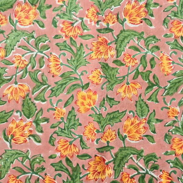 Pure Cotton Jaipuri Peach With  Yellow And Green Flower Jaal Hand Block Print Fabric