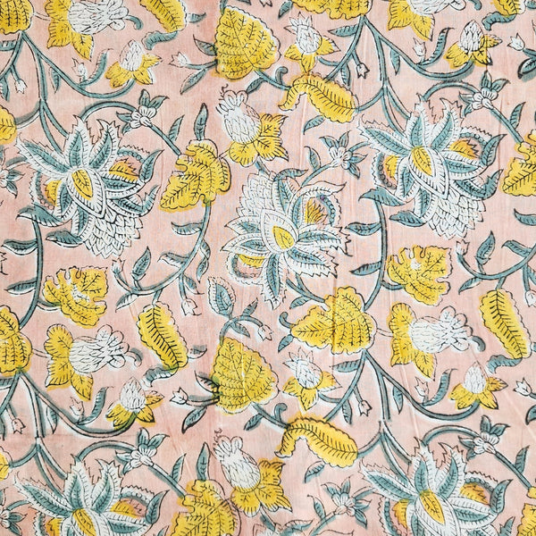 Pure Cotton Jaipuri Peach With Yellow Flower Jaal Hand Block Print Fabric