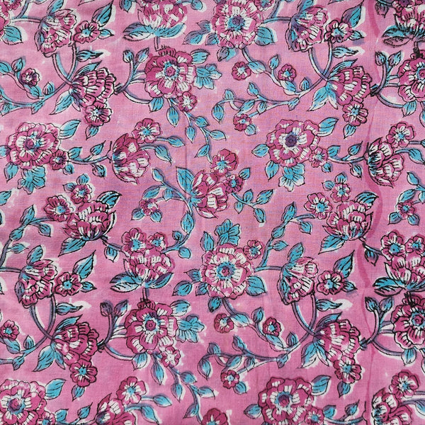 Pure Cotton Jaipuri Pink And Blue Flower Jaal Hand Block Print Fabric