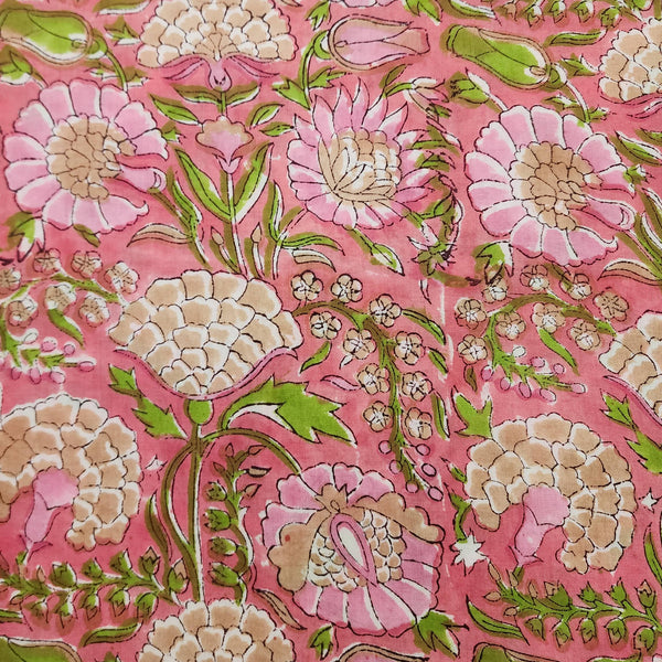 Pure Cotton Jaipuri Pink And Green Wild Flower Jaal Hand Block Print Fabric