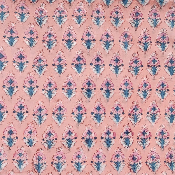 Pure Cotton Jaipuri Peach With Pink And Blue Flower Motif Hand Block Print Fabric