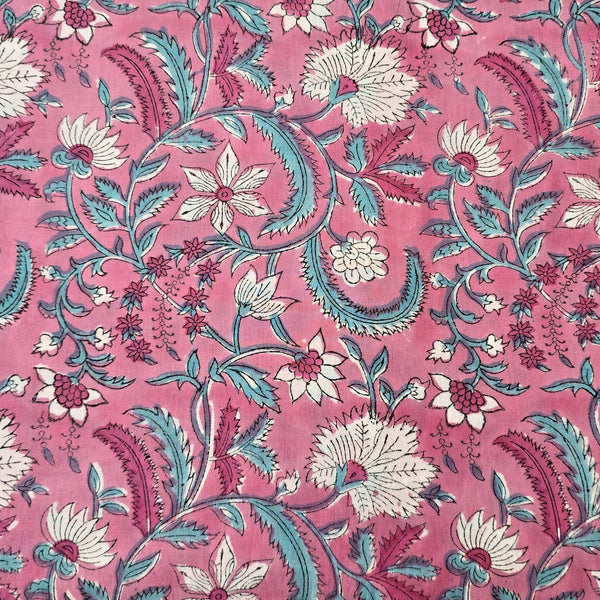 Pre Cut ( 1.15 Meter) Pure Cotton Jaipuri Pink With Blue And White Flower Jaal Hand Block Print Fabric