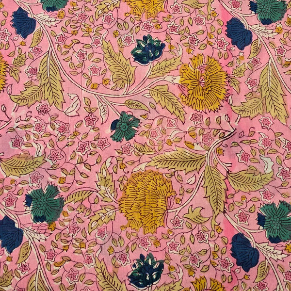 ( PRE-CUT 2.20 METER ) Pure Cotton Jaipuri Pink With Blue And Yellow Jaal Hand Block Print Fabric