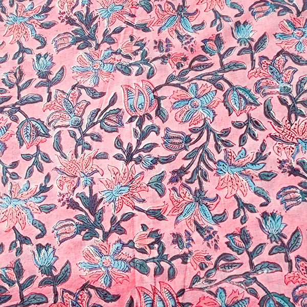 Pure Cotton Jaipuri Pink With Blue Anemone Hand Block Print Fabric