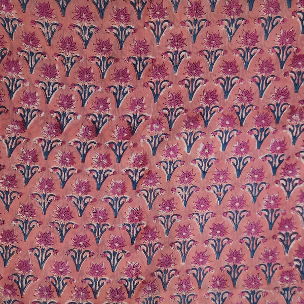 Pure Mul Cotton Jaipuri Pink With Intricate Flower Design Hand Block Print Fabric