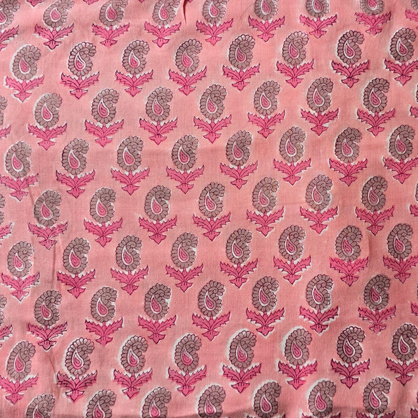 Pure Cotton Jaipuri Pink With Light Brown Kairi Flower Motif Hand Block Print Fabric