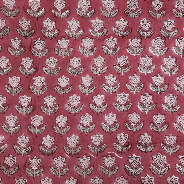 Pure Cotton Mul Jaipuri Pink With Small Pink Flower Buds Hand Block Print Fabric