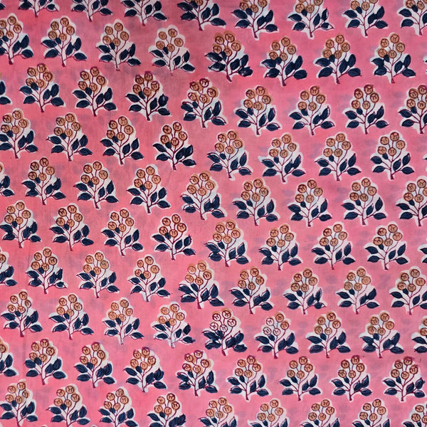 ( pre cut 1 meter) Pure Cotton Jaipuri Pink With Tiny Flower Motif Hand Block Print Fabric