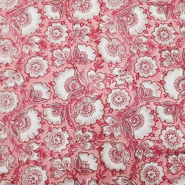 Pre-cut 1.75 meter Pure Cotton Jaipuri Pink With White Flower Jaal Hand Block Print Fabric