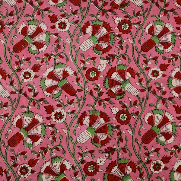 Pre Cut (1 Meter )Pure Cotton Jaipuri Pink With White Red Green Wild Jaal Hand Block Print Fabric