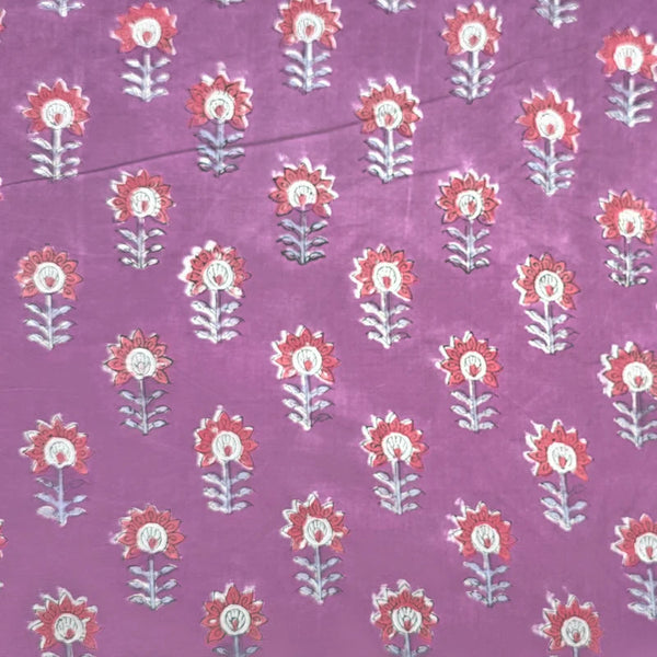 ( PRE-CUT 0.90 METER ) Pure Cotton Jaipuri Purple Flower Motif Hand Block Print Fabric