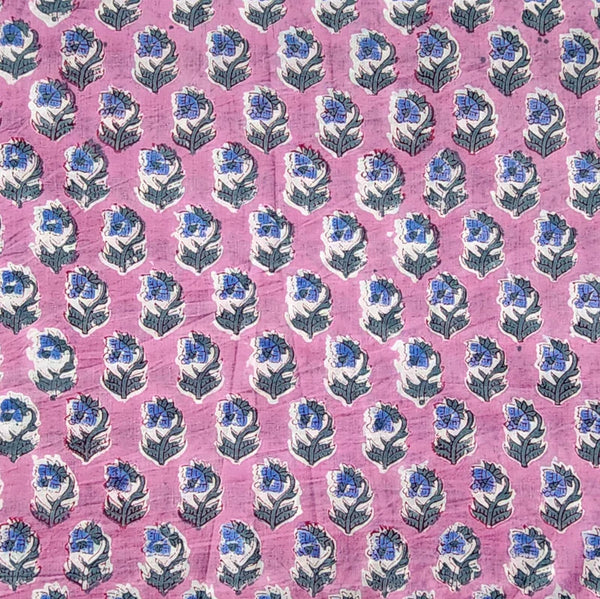 ( PRE-CUT 1.58 METER ) Pure Cotton Jaipuri Purple With Dark Green With Blue Flower Motif Hand Block Print Fabric