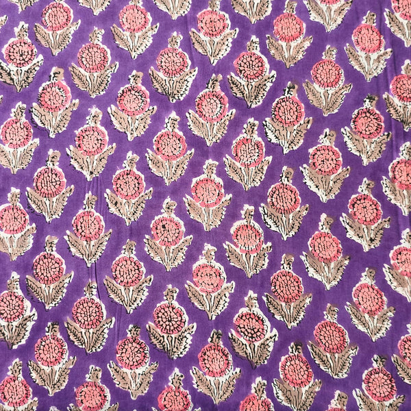 ( Pre-Cut 1.36 Meter ) Pure Cotton Jaipuri Purple With Light Pink Flower Motif Hand Block Print Fabric