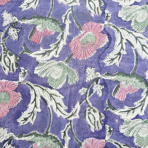 ( PRE-CUT 0.90 METER ) Pure Cotton Jaipuri Purple With Pink And Green Flower Jaal  Hand Block Print Fabric