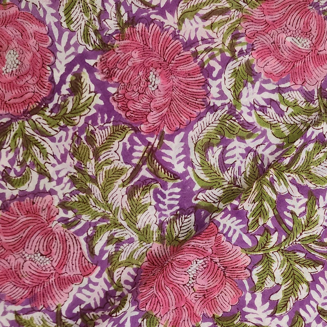 Pure Cotton Jaipuri Purple With Pink Big Rose Flower Jaal Hand Block P ...