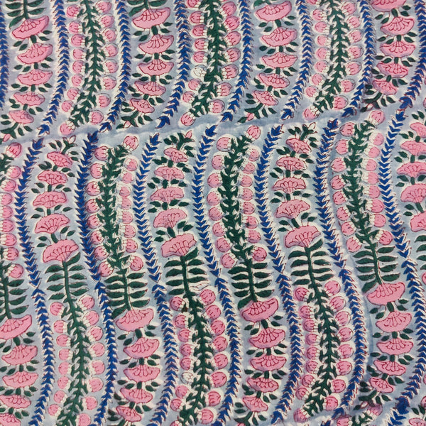 Pre Cut (0.80 Meter) Pure Cotton Jaipuri Purple With Pink Flower Creeper Hand Block Print Fabric