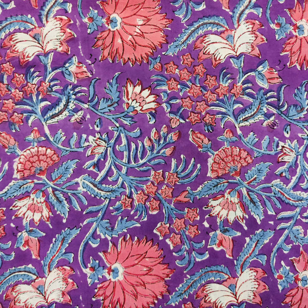 ( Pre-Cut 2 Meter ) Pure Cotton Jaipuri Purple With Wild Orange Jaal Hand Block Print Fabric